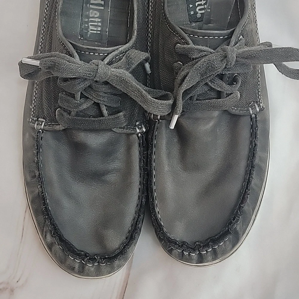 Bed Stu Mens Dark Grey Canvas Leather BedStu Boat Loafer Sneakers Size 8
